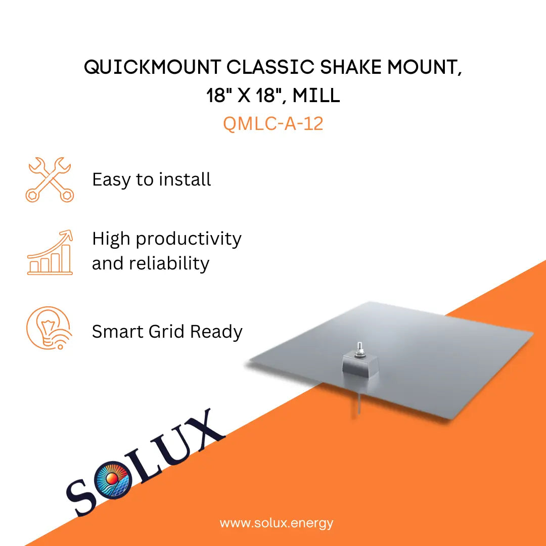 Marketing graphic for the QuickMount Aluminum Share Roof, Classic, 18" x 18", Mill (QMLC-A-12), featuring a large mill-finish aluminum flashing plate with an integrated mounting block and hanger bolt for cedar shake roofs. The image includes SOLUX branding and icons for easy installation, high productivity and reliability, and smart grid readiness.